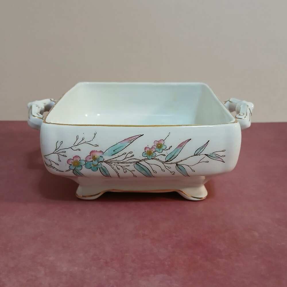 Antique Square Handled Dish T&R Boote-England Hand-Painted Floral-Gilded